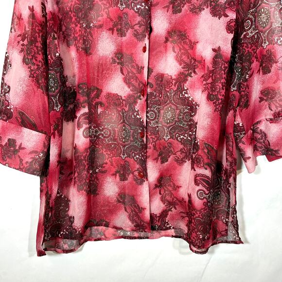 Sheer Top Paisley Red Pink 3/4 Sleeve Button Collar 14 16 W George Retro - Picture 7 of 13